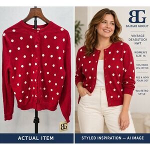 NWT Vintage 80s 90s Red White Polka Dot‎ Cardigan Cotton Sweater Sz 16 Deadstock